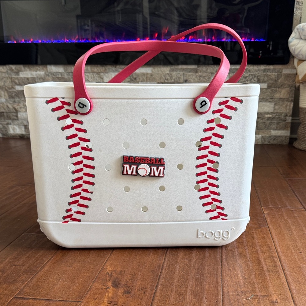 Large Baseball Mom Bogg Bag White Tote with Red Handles
